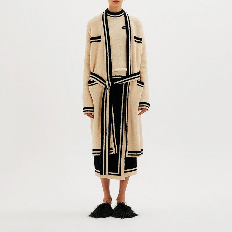 

Long knitted windbreaker senior sense of wool blend thickened warm long laced robe jacket female 2022 autumn and winter new