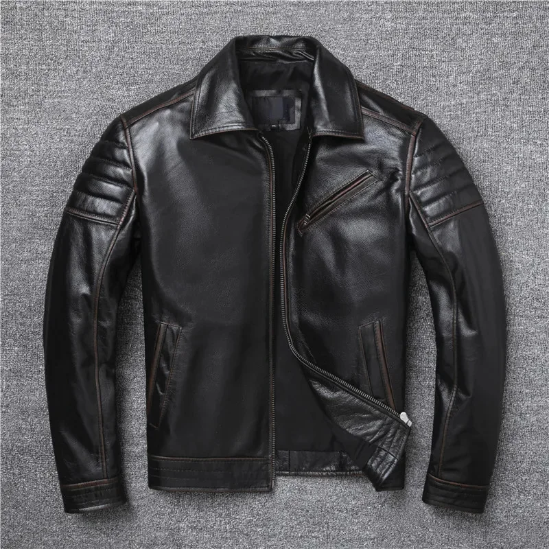 

New Style Edging Brown Vintage Genuine Leather Jacket Men Cowhide Slim Fashion Biker Jackets Clothing Big Size S-5XL