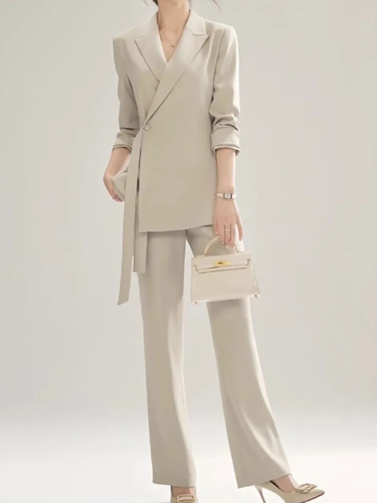 New Office Lady Solid Women Suits 2 Pieces Chic Long Sleeve Blazer High Waist Straight Pants Vintage Sets Female Fashion Clothes