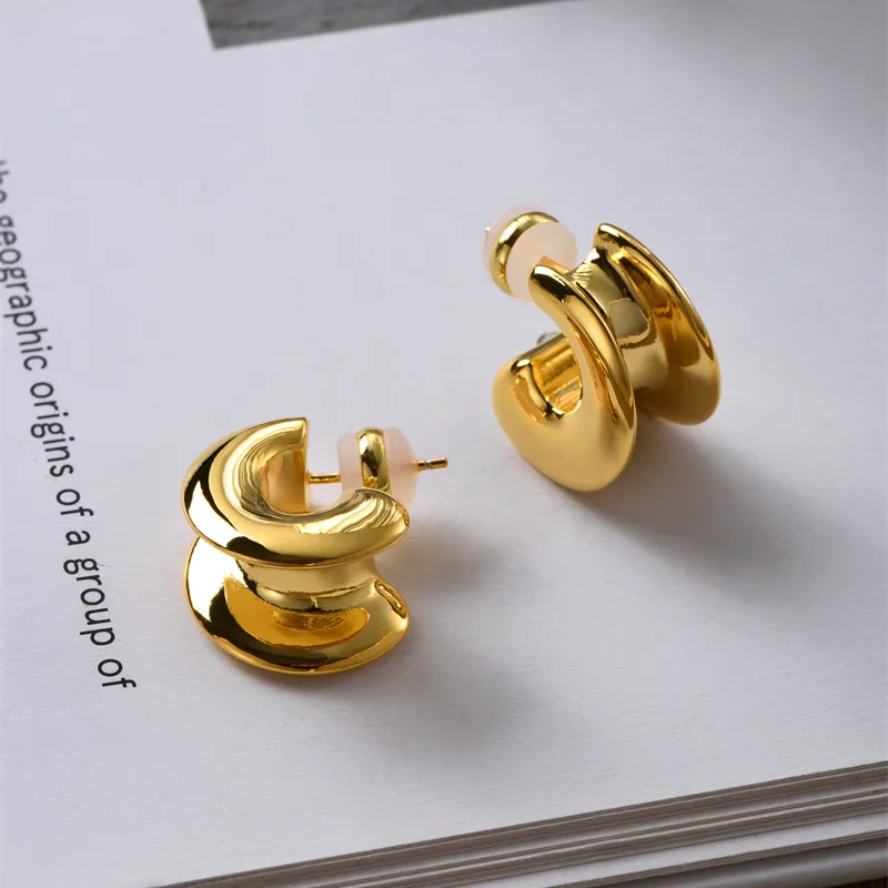 Brass With 18K Rugged CC Stud Earrings Women Jewelry Punk Party T Show Gown Runway Korean Japan INS