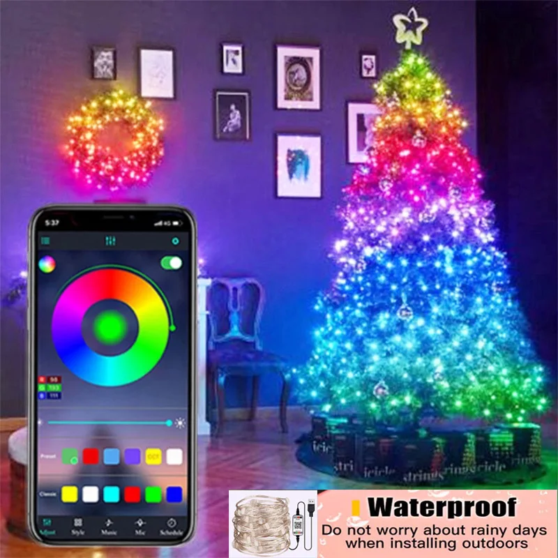 

Bluetooth Christmas Festoon Light RGB Colorful Fairy Lights String Christmas Tree Ornaments Home New Year Decor LED Garland 20M