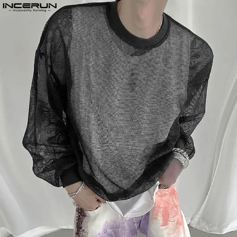 

Топы INCERUN, новинка 2023, Мужская пикантная укороченная Сетчатая футболка в Корейском стиле, Повседневная Уличная одежда, мужские футболки с длинным рукавом