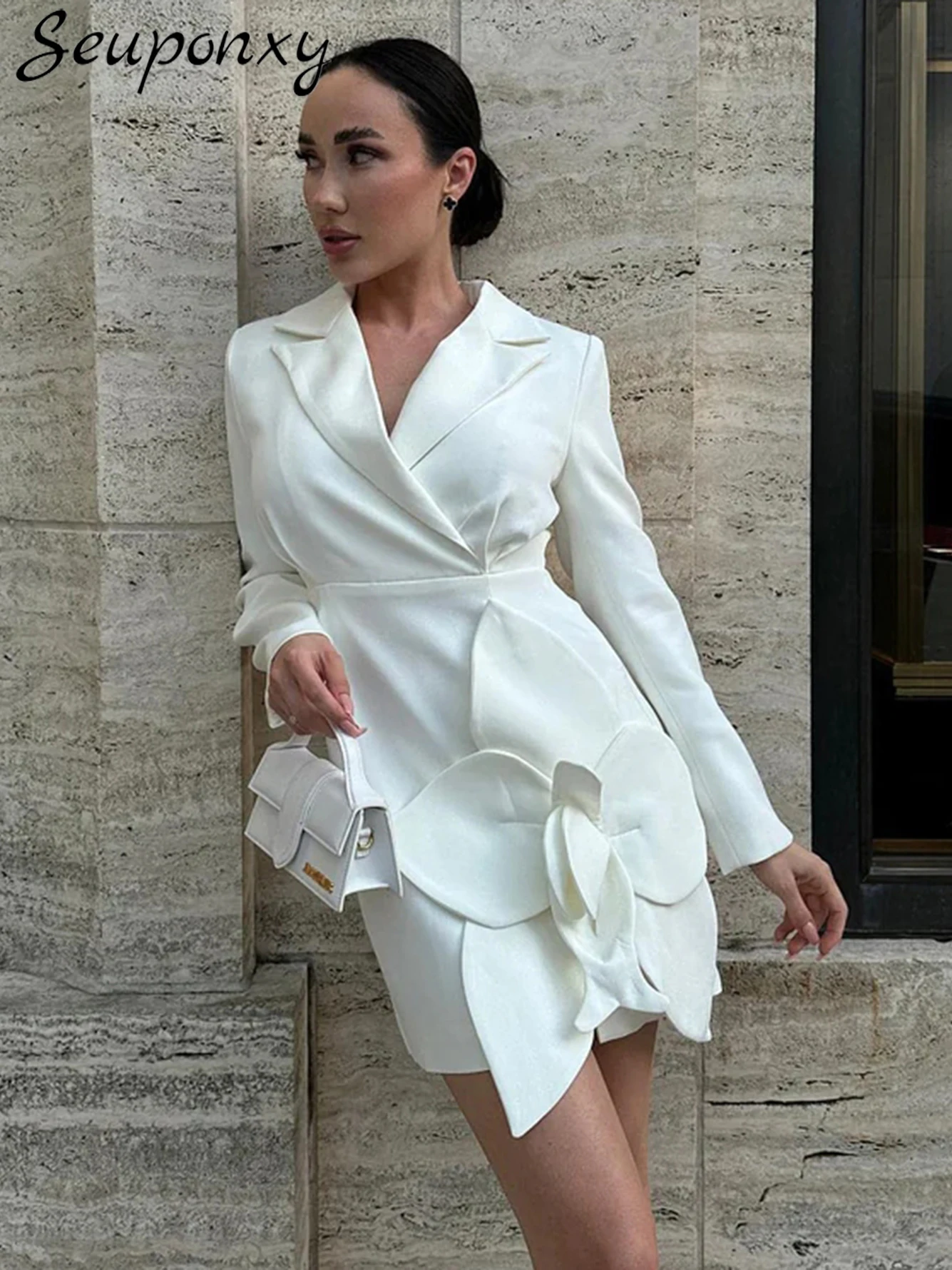 

Высококачественное женское модное мини-платье, новинка 2023, соблазнительное платье с отворотом и длинным рукавом, с трехмерными цветами, элегантное женское Клубное платье