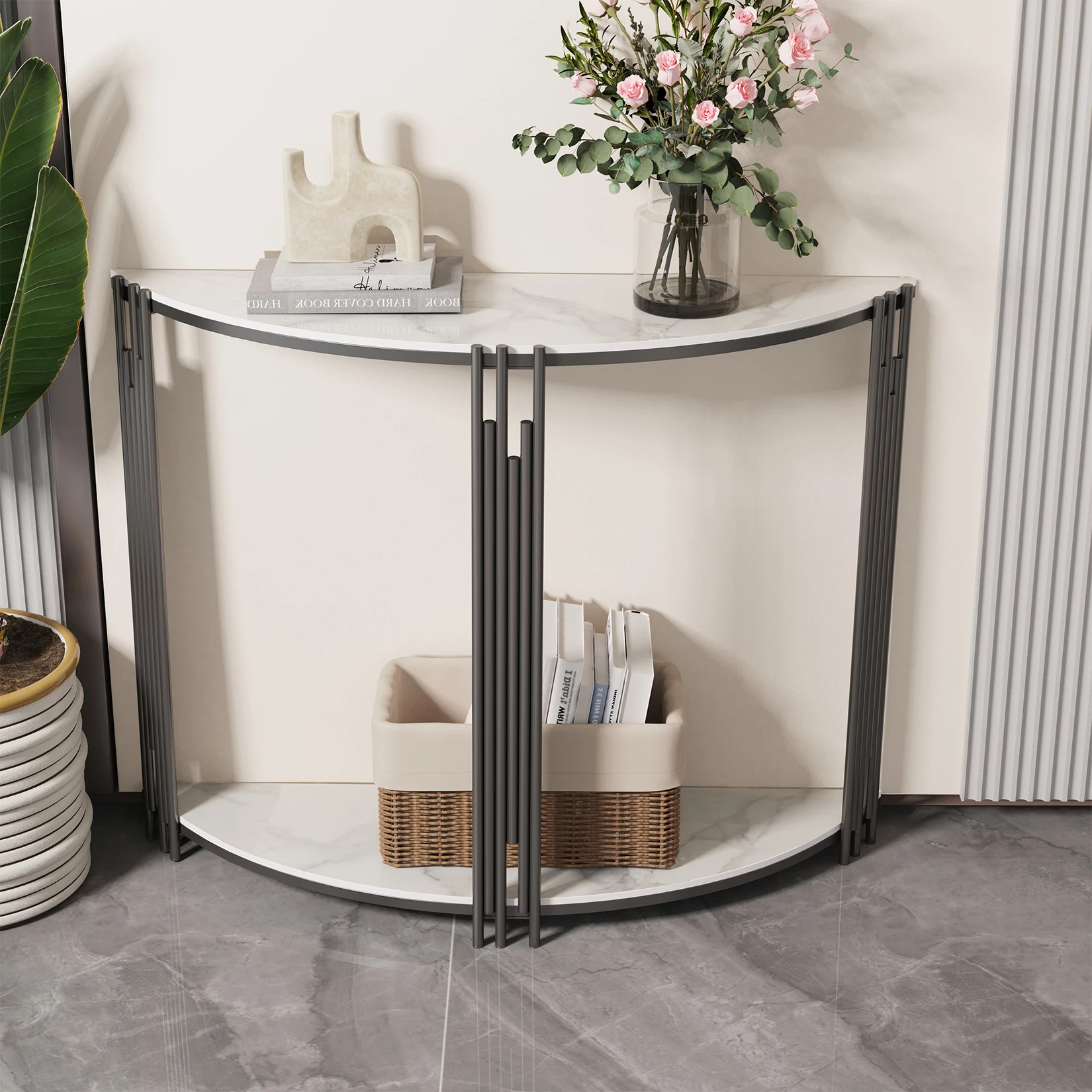 LUVODI Half Moon Console Table with Storage Sintered Stone Tabletop Semi-Circle Entrance Hall Table for Home Decor