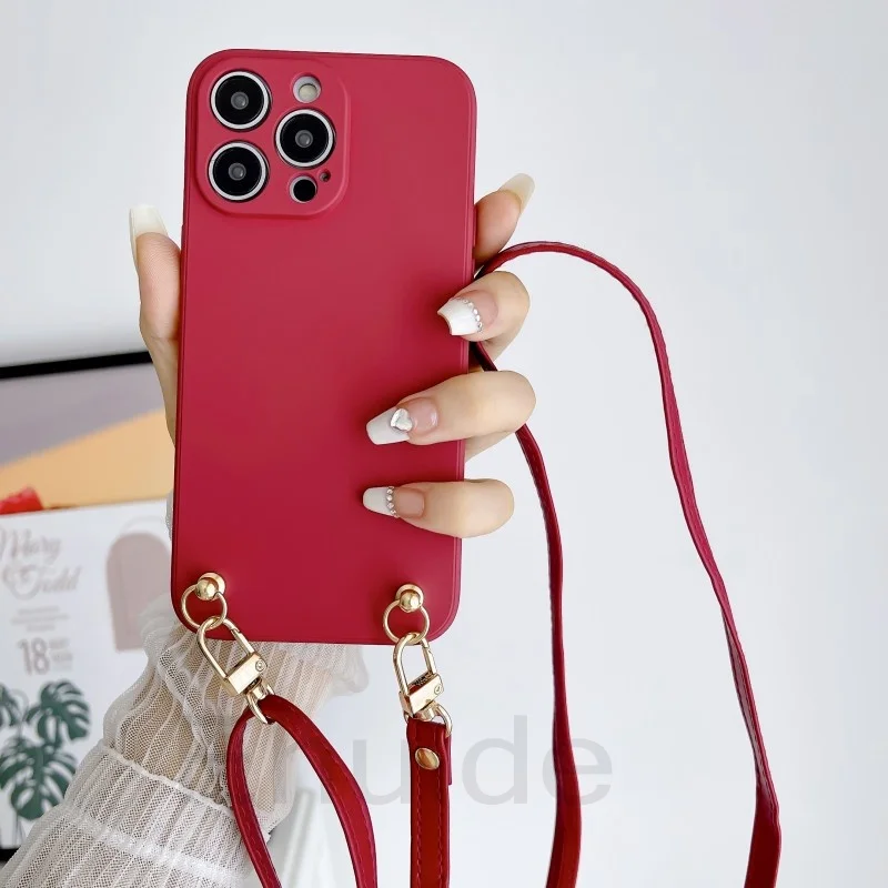 Liquid Silicone Leather Lanyard Crossbody Phone Case with Cord Strap Cover
