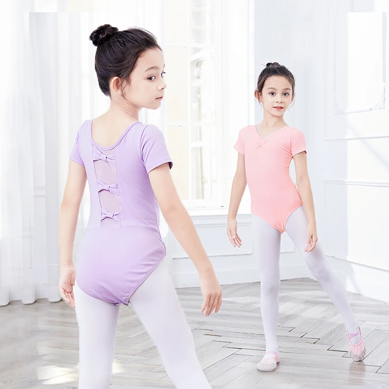 Girls Ballet Leotards Bow Gymnastics Leotards Short Sleeve Ballet