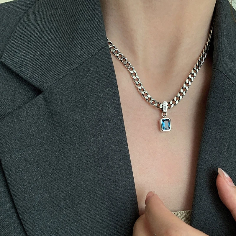 Silver Necklace 925 Sterling Square Blue Zirconia Cuban Type Choker Matching Party Gift Exquisite Women's Jewelry