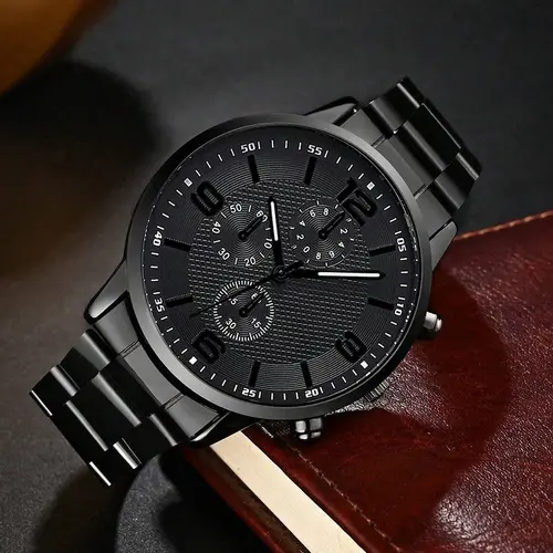 4PCS Business Men's Gift Box Watch Set Fashion Trend Quartz Watch Bracelet Necklace Ring Set Perfect Gift Set for Friends or Dad - Image 4