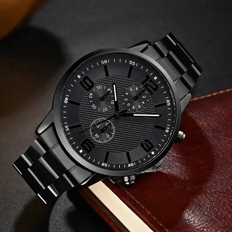 4PCS Business Men's Gift Box Watch Set Fashion Trend Quartz Watch Bracelet Necklace Ring Set Perfect Gift Set for Friends or Dad - Image 4