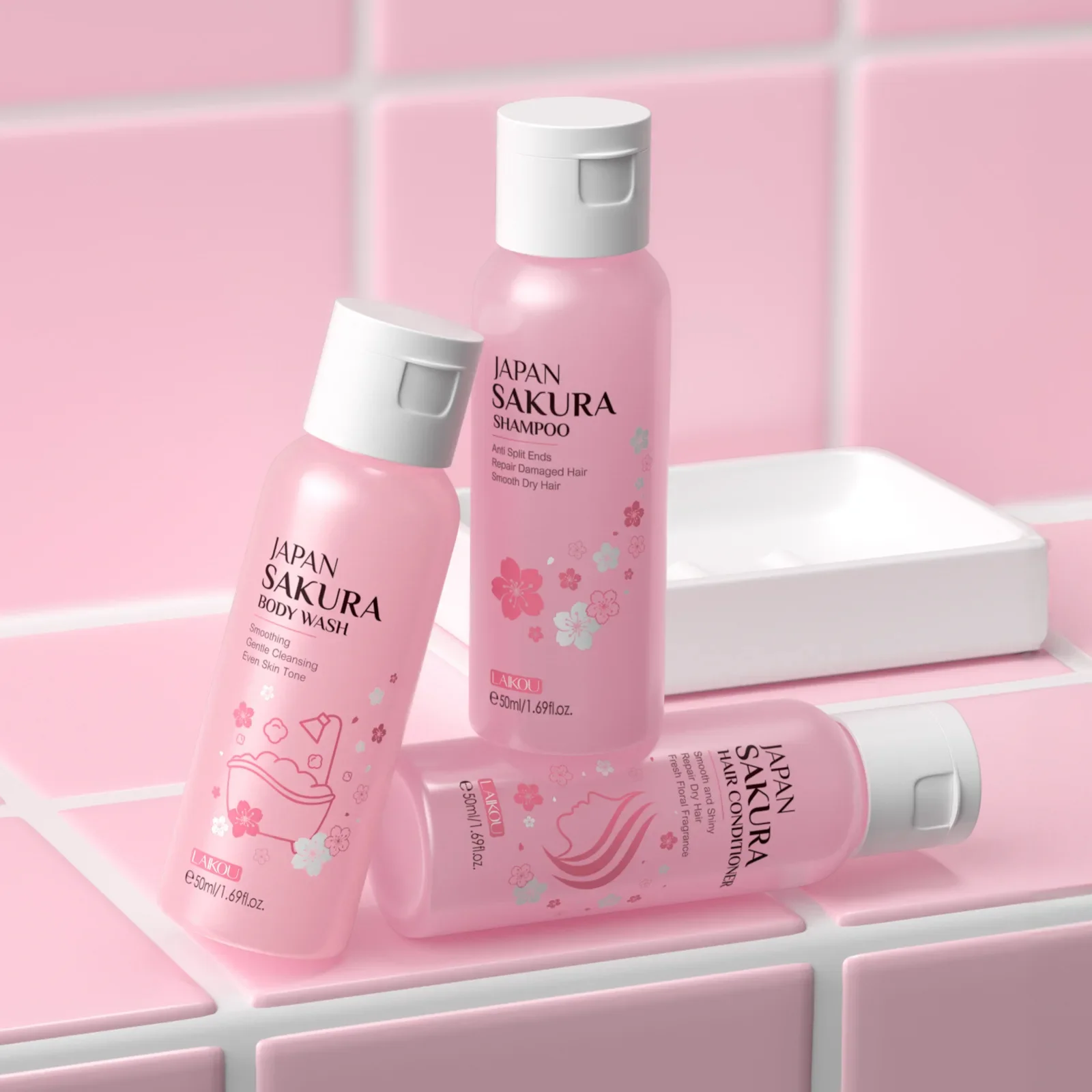 Body Wash Shampoo Set LAIKOU Sakura Body Wash Shower Shampoo Cherry Blossom Hair Conditioner Smooth Gentle Cleansing Fragrant Moisturizing Skin Care