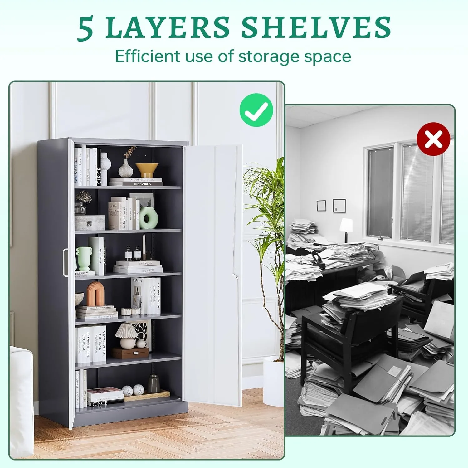 Metal Storage Cabinet with Lock Door and 5 Shelves,6 Tier Steel Garage Tool Cabinet 72" H X 36" W X18 D (White Gray) 4