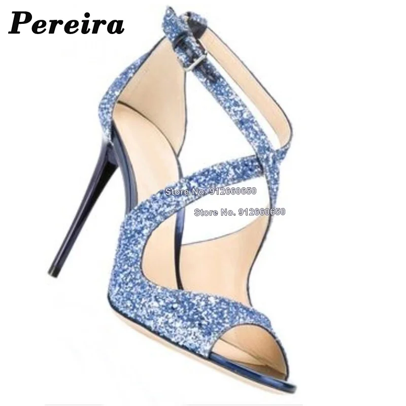 

Pereira Blue Cross Band Sequined Cloth Sandals Bling Women Heels Peep Toe Stilettos High Heels Ankle Buckle Sexy Wedding Shoes