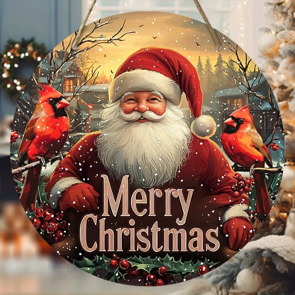 Christmas Cardinal Wooden Wreath Sign – Festive Hanging Santa Claus Holiday Door & Wall Decoration 1