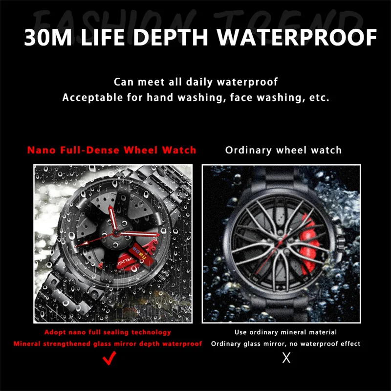 BORUSE Fashion Mens Car Wheel Watches Luxury Stainless Steel Waterproof Watch for Men Casual Quartz Wristwatch relogio masculino