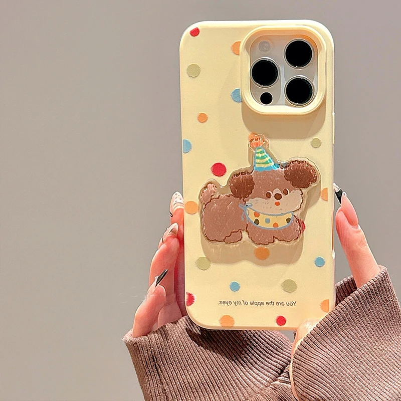 Cartoon Cute Puppy Polka Dot Pattern Case For iPhone 16 Pro Max 15 13 14 12 16 Plus Soft Silicone TPU Phone Back Cover
