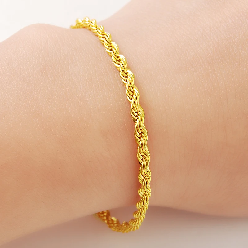 24K Gold Bracelet 3MM Twisted Rope Twisted Gold Plated Bracelet for Men & Women Wedding Jewelry
