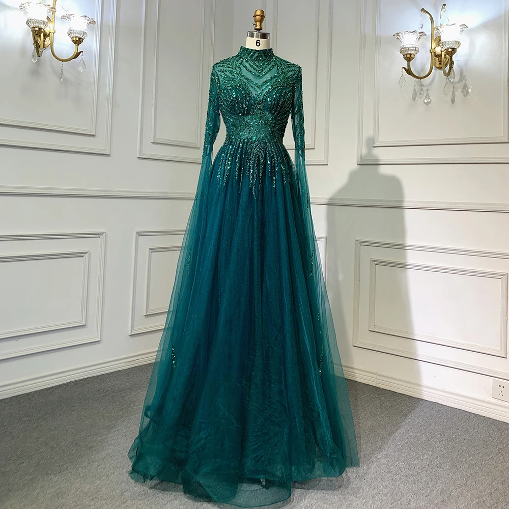 Serene Hill Muslim Green Aline Luxury Beaded Sequins Evening Dresses