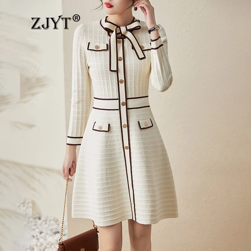 

ZJYT Bow Collar Knitting Sweater Dresses for Women Long Sleeve Knitwears Autumn Winter Color Block Mini Dress Casual Aline Robe