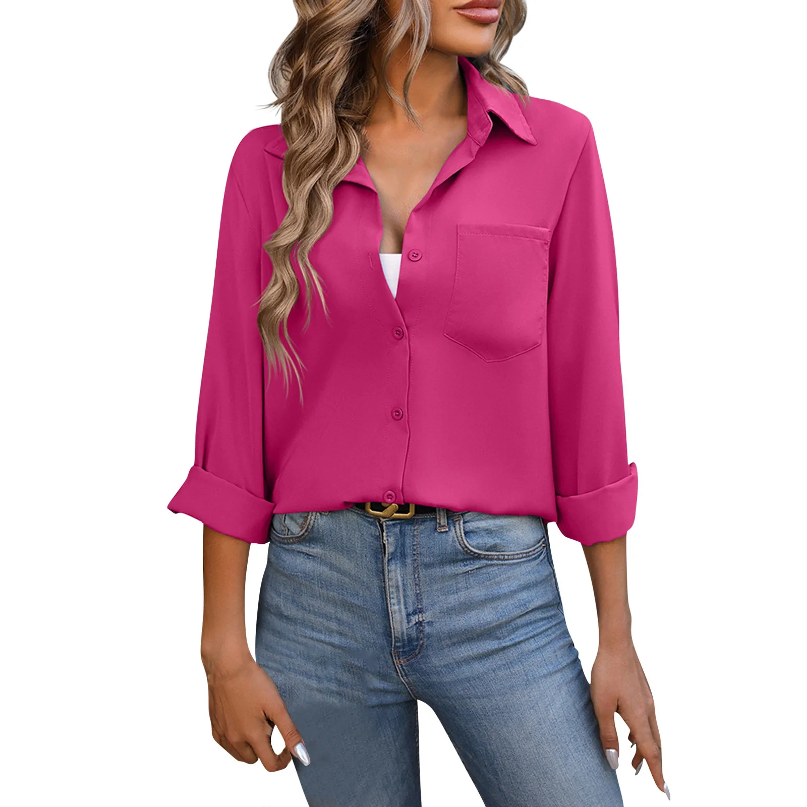 

Women V-Neck Lapel Blouse Tops Fashion Solid Color Button Up Shirt 2024 New Spring Summer Long Sleeve Daily Commuting Blouses