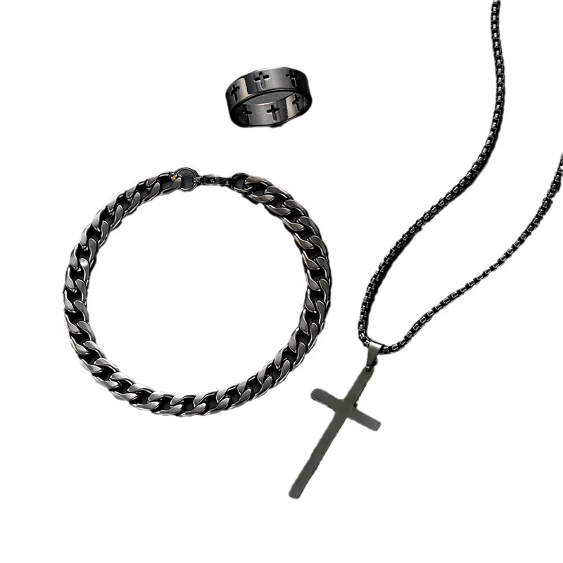 Schwarze Halskette mit Kreuzanhänger aus Titanstahl für Männer und Frauen, minimalistisches männliches und weibliches Halsband, Box-Kette, Halskette, Party-Schmuckset_voghion.com