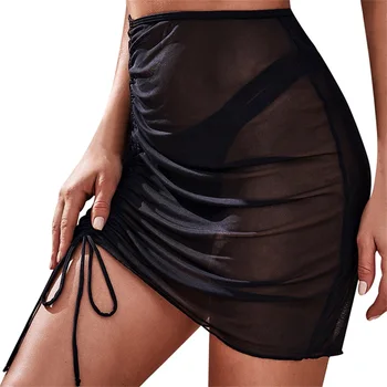 Translucent Sexy Swimsuit Beach Skirt Seaside Holiday Gauze Skirt Ruffled Overskirt Mesh Drawstring Solid Beachwear Hip Skirt 1