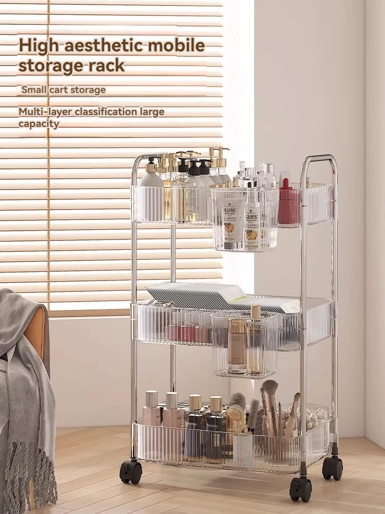 Transparent Storage Rack Snack Cart Acrylic Bedroom Floor to Floor Movable Bathroom Multi-layer Cosmetic Storage Bookshelf