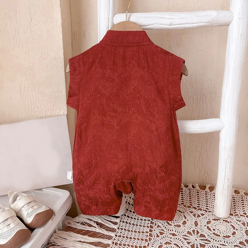 Sommer Baby Jungen Kleidung 3 bis 6 Monate Chinesischen Stil Stickerei Nette Rote Geburtstag Ärmellose Overalls Strampler Neugeborenen Artikel B024 – Detail 3