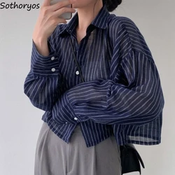 Cropped Striped Shirts Women Loose Summer Korean Style All-match Turn-down Collar Leisure Thin Design Simple Lazy Clothes