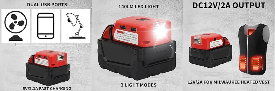 USB Charger Adapter Converter for Milwaukee M18 Lithium Battery LED Work Light w