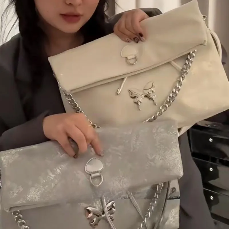 Fashion Butterfly Patch Chain Tote Bag Women Leather Large Capacity Backpack Ladies Multipurpose Foldable Durable Crossbody Bag