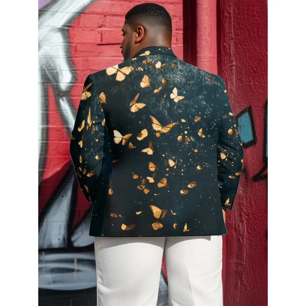 Black and Gold Butterfly Print Mens Blazer Vintage Suit Jacket Black Punk Style Blazers Business One Button Slim Fit Coat 9XL