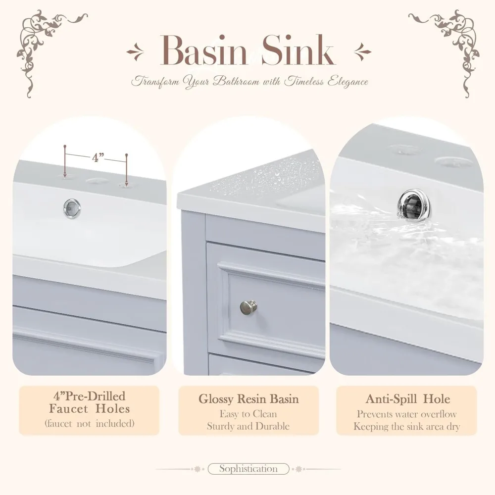 36" Bathroom Vanity with Sink, Farmhouse Bathroom Vanity Storage Cabinet with 4 Drawers and Open Shelf, Solid Wood Frame 5