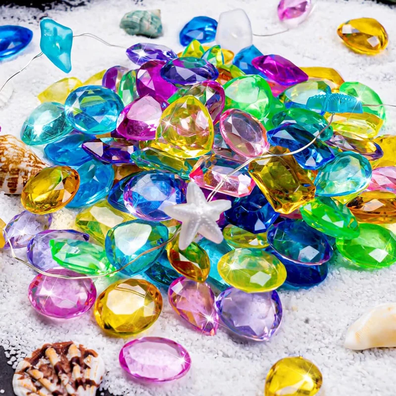 100 gemme giocattolo, gemme per bambini, gioielli del tesoro dei pirati, finte gemme in acrilico multicolore, gemme in plastica per estate, spiaggia, nuoto subacqueo, giocattoli di compleanno, piscina