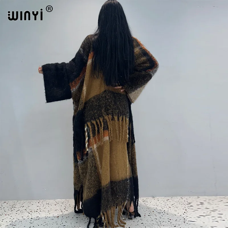 WINYI 여성용 겨울 코트, 레트로 스타일 프린트 태슬, 럭셔리 롱 퍼, 루즈 오버 코트, 두껍고 따뜻한 롱 다운 코트, 패션 가디건