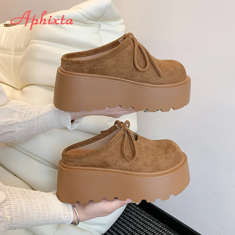 Aphixta Wedge Heel Woman Slipper Shoes Platform Slip on Women's Mules Concise Bow Decoration Luxury Brand Slides Designer Shoes