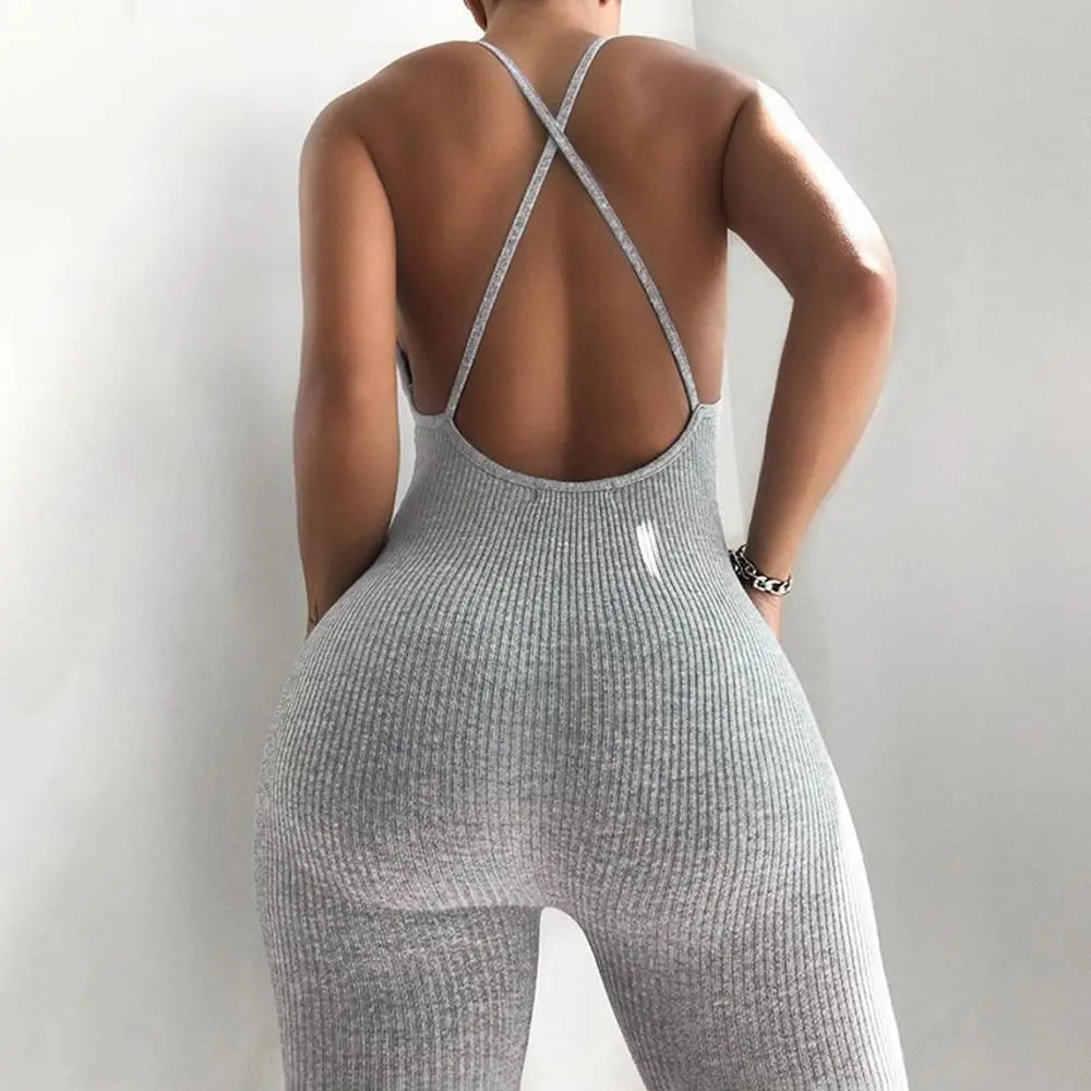 Sports Jumpsuit Women Sling Open Back Bodysuit Fitness Female Thread Suspenders Sexy Mid Length Clothing Ladies Yoga Shapewear