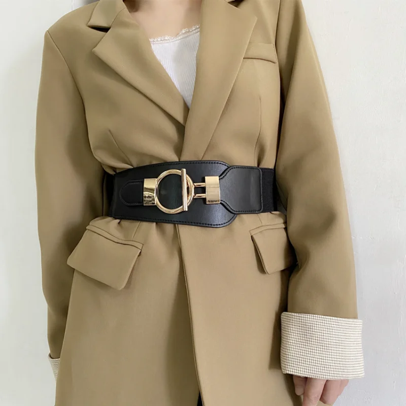 

Fashion Wide Elastic Waistbands HOT Black Beige Cummerbunds for Dress Coat Gift New Design Waist Seal Women Big Gold Buckle Belt