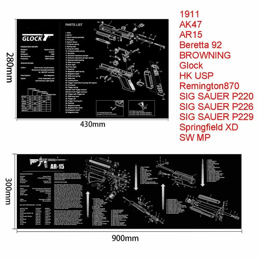AR15 AK47 Glock Gun Cleaning Rubber Mat With Parts Diagram Instructions Mouse Pad for Smith Colt 1911 Beretta 92 Sig Sauer P320 6