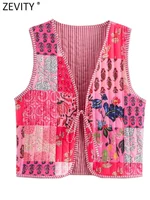 Zevity Women National Style Sleeveless Patchwork Floral Print Quilted Vest Jacket Ladies Lace Up WaistCoat Chic Crop Tops CT6267 1