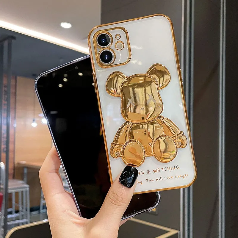 Cute Bear iPhone 13 Pro Max Case Metal Plating Border Transparent Back Cover Silicone Soft Case for iPhone12 11 Phone Case XR SX phone pouch bag Cases & Covers