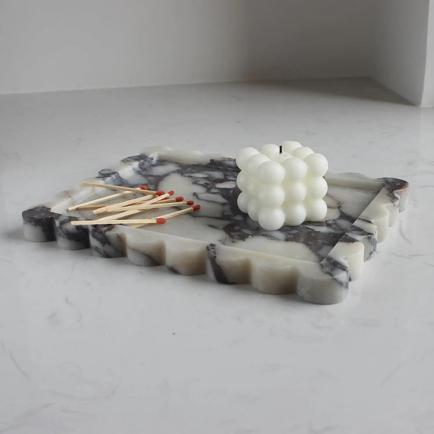 Natural Calacatta Viola Scalloped Edge Marble 10.8"x8" Luxury Vanity Serving Decorative Tray Home Plate Holder 4