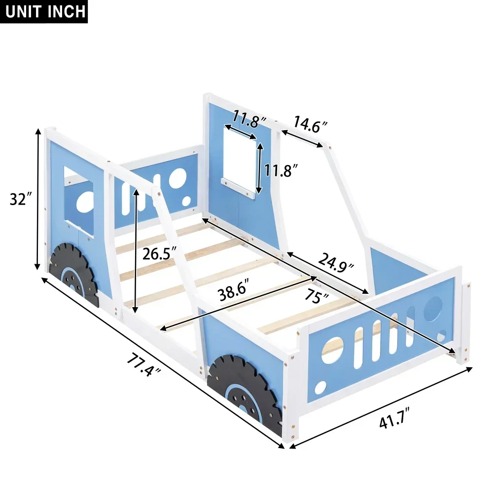 Twin Size Classic Car-Shaped Platform Beds Wheels,Blue Car Bed for Kid Children Beds Kids Beds for Boys,Bed for Girls Furniture 4