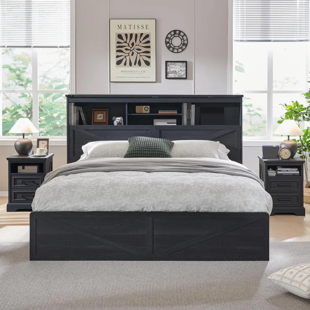 King Wood Bed Frame W/ 52" Tall Storage Headboard and 4 Drawers,LED Light,Charging Station, Solid Wood Slats Support, Bed Frame 2