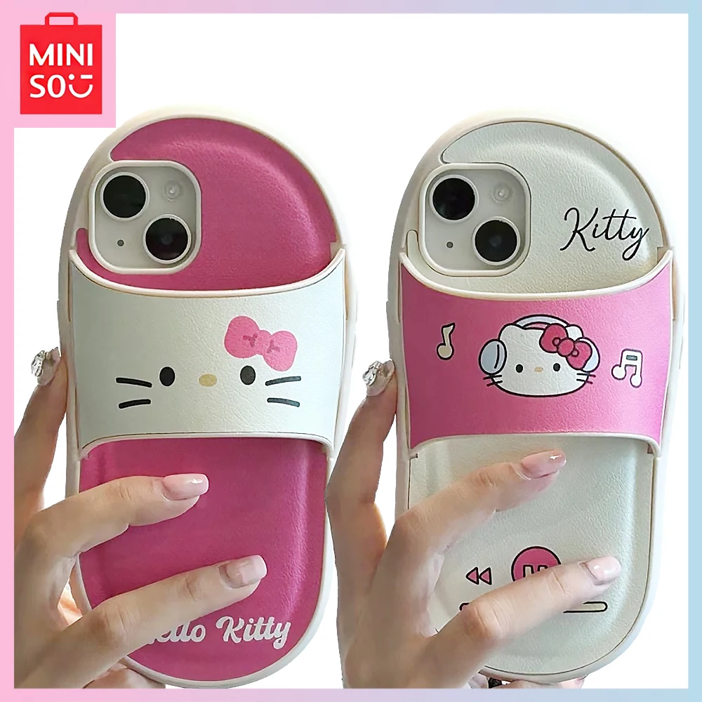 

Miniso Hello Kitty Kawaii Slippers Iphone15/14Promax Cartoon 13 Pro Full Cover 12/11 Drop Proof Phone Case Girls Birthday Gift