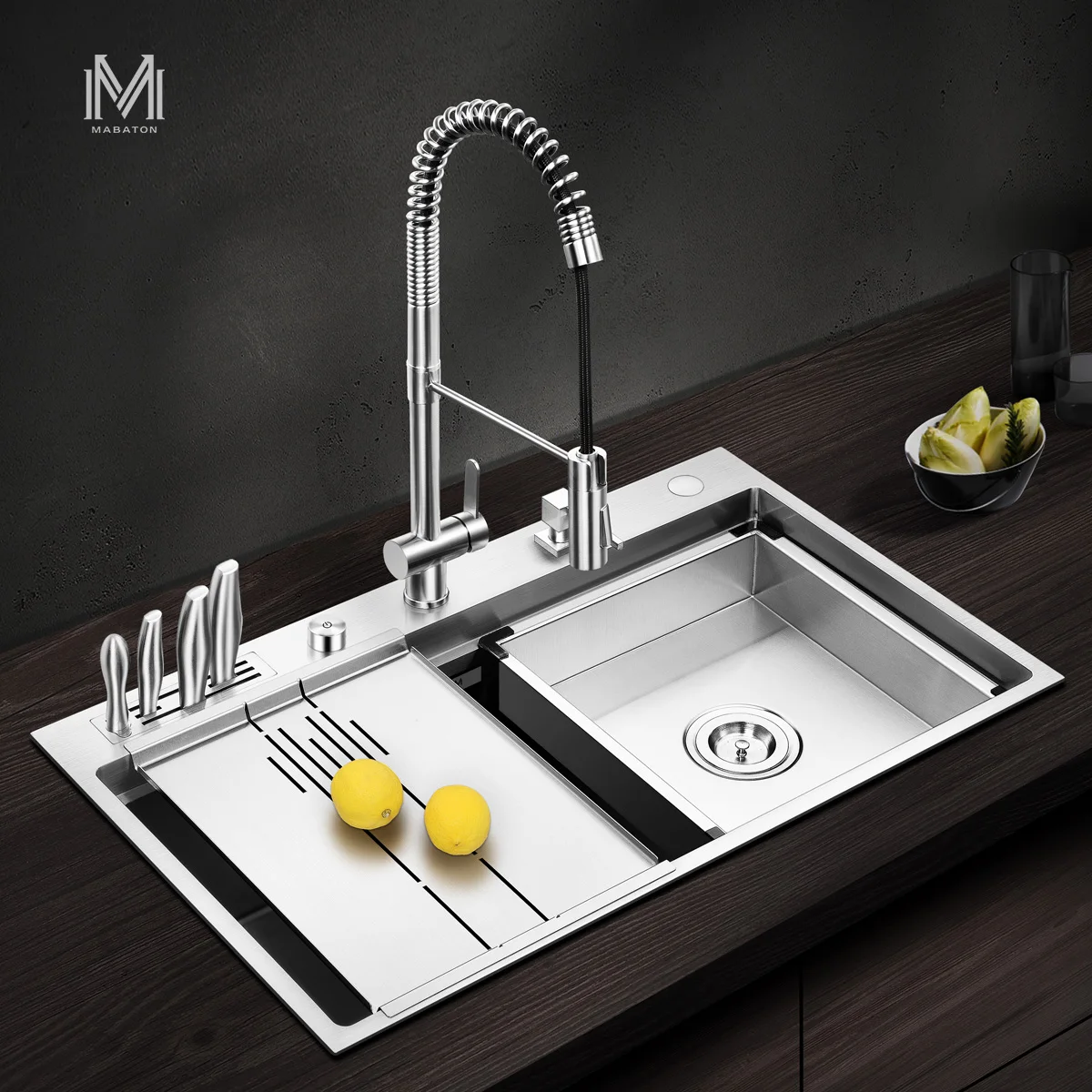 Asras 8049T SUS304 handmade kitchen sink fine brushed stepped base with drainer and  tap 