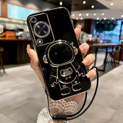 Astronaut Themed Electroplated Soft Silicone Back Cover with Cute Lanyard Bumper for Huawei nova Y72S (Black)