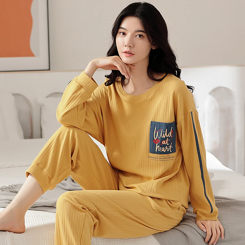 

New Autumn 100%Cotton Women Pajamas Set Print Pyjamas Femme Long Sleeve Round Neck Casual Soft Female Homewear Clothing