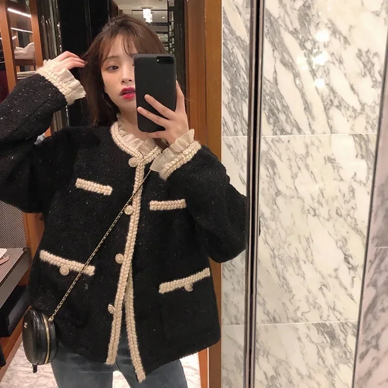 [lint] spring and autumn new small fragrance female imitation mink velvet casual coat fashion western winter cardigan female 2021 Autumn and Winter New Style Small Fragrance Lace Stitching Bright Silk Tweed Coat Female Palace Fashion Wind Woolen Coat