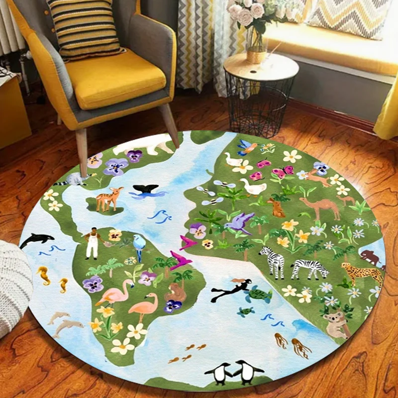 Round World Map Kids Educational Rug - Non-Slip, Soft, Washable Animal Print Floor Mat for Playroom or Classroom