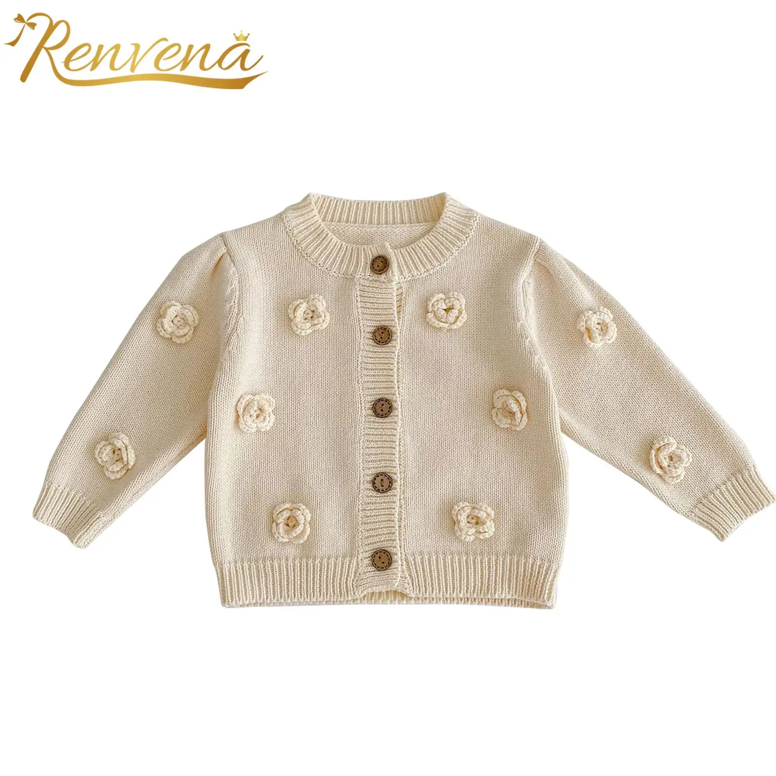 

Baby Girls 3D Flower Embroidery Knit Cardigan Knitted Sweaters Round Neck Long Sleeve Rib Trim Sweater Warm Clothes